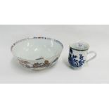 Chinese blue and white porcelain bell shaped tankard together with a Chinese Imari bowl, (both