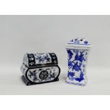 Blue and white jar with dome shaped top cover, together with a vase, (2)
