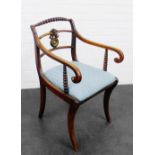 19th century oak open armchair, with bobbin turned toprail, upholstered slip in seat and sabre