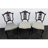 Set of three mahogany framed side chairs with cream upholstered seats, 94 x 45cm, (3)