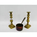 Pair of knop stemmed brass candlesticks, together with a small brass pan, (3)