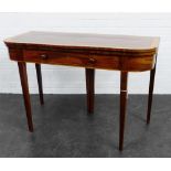 19th century mahogany and satinwood foldover tea table with a single long drawer and raised on