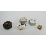 Three enamel pill boxes to include Halcyon Days and Crumbles, a lacquered box and a shell box, (5)