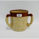 Stoneware two tone tyg with hound handles, 16cm high