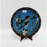 Cloisonne enamel dish, Meiji period with bird, flowers and foliage pattern, 30.5 cm diameter wide