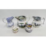 Collection of English pottery and porcelain jugs to include blue and white Staffordshire, (5)