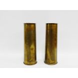 Pair of WWI trench art shell cases engraved with pipers and soldiers, dated 1916 and 1917, 29cm