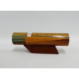 Inlaid wooden kaleidoscope on wooden stand, 31cm long