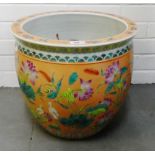 Famille Rose fish bowl the interior painted with carp and goldfish with flowers and foliage to the