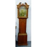 Oak cased grandfather clock, the broken swan neck pediment over a 12 inch brass dial with Roman