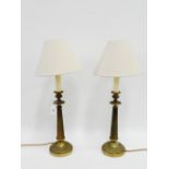 Pair of brass column table lamp bases and shades, (2)