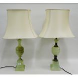 Pair of pale green alabaster table lamp bases and shades, (2)