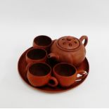 Yixing style teapot, tray and four cups, (6)