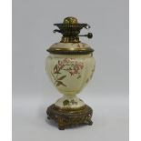 Royal Worcester blush ivory oil lamp base painted with flowers and foliage, 36cm high