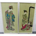 Companion pair of Japanese School watercolour on fabric of "Women", with red seal marks, in glazed