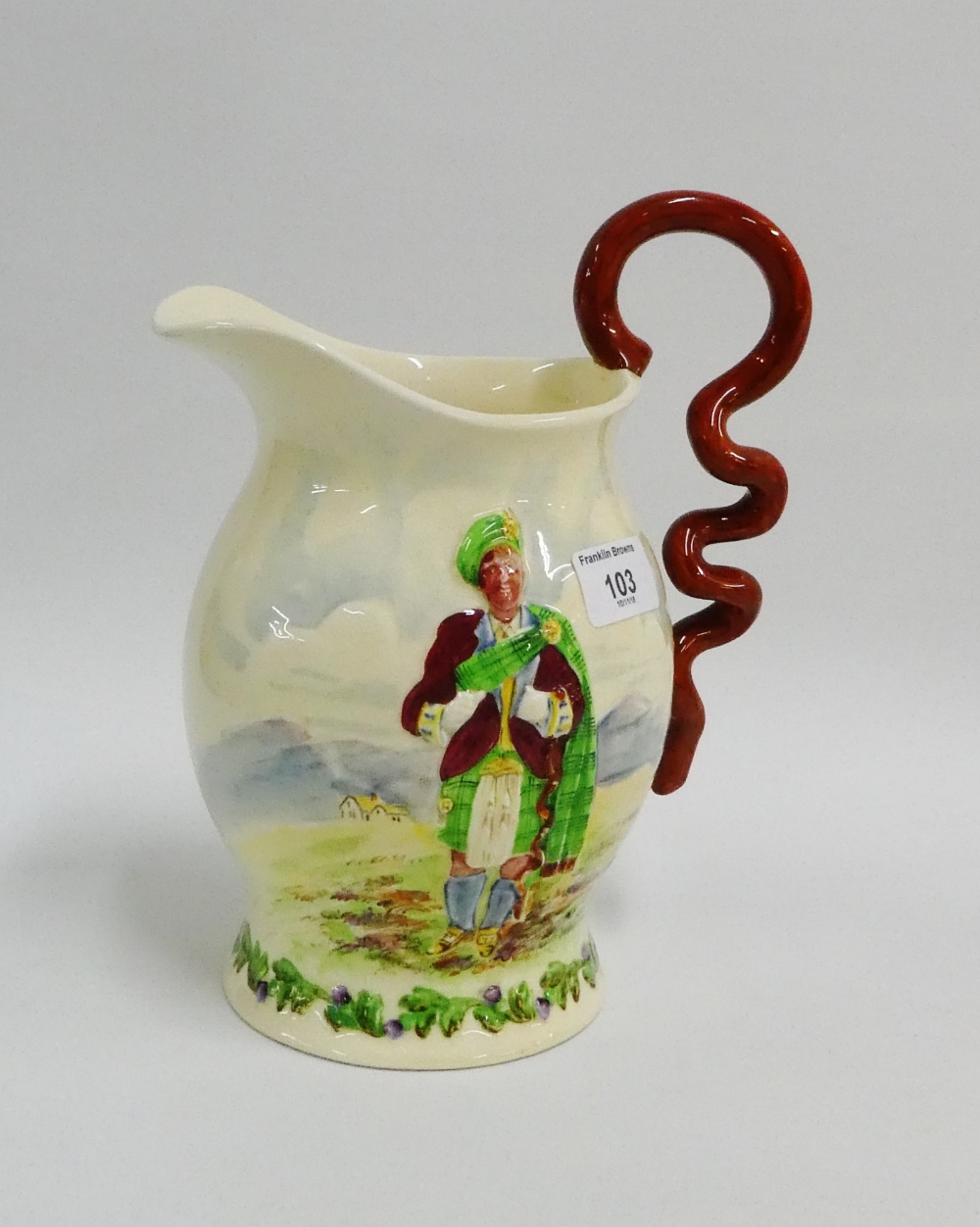 Crown Devon Fieldings Harry Lauder 'I Love a Lassie' jug, 24cm high