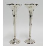 George V silver solifleur vases on tapering stems and circular footrim by Harrison & Hipwood,