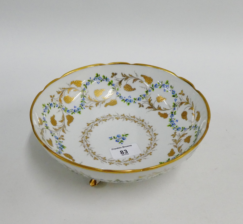 Le Tallec, Paris, French porcelain bowl with gilded fruit and vine pattern raised on three out swept