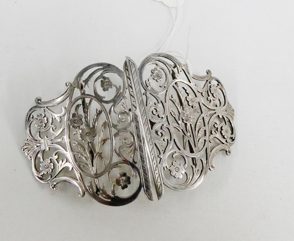 Victorian silver double belt buckle of pierced foliate design by George Guirren Rhoden, Sheffield