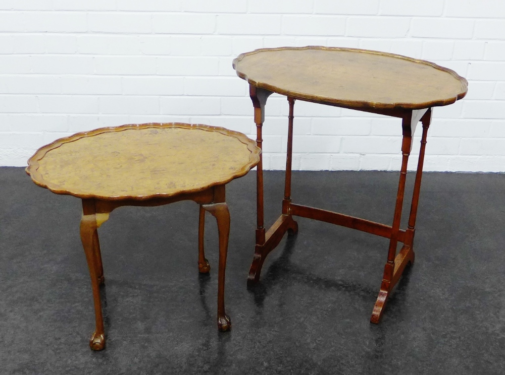 Mahogany occasional table together with a walnut table with pie crust edge circular top, 62 x