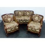Mahogany framed Bergere suite comprising two seater and pair of armchairs, 79 x 126cm