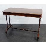 19th century mahogany side table on bobbin turned legs and supports terminating on brass castors, 75