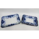 Set of four Staffordshire blue and white ashets in 'Argyle' pattern of graduated rectangular form,