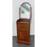 Mahogany and inlaid wash stand , the mirror back over two short and one long drawer, above a
