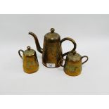 Three piece Eastern brass teaset, comprising teapot, milk jug and sugar bowl, (3)