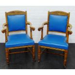 Pair of oak framed open armchairs with upholstered backs and seats, 98 x 64cm, (2)
