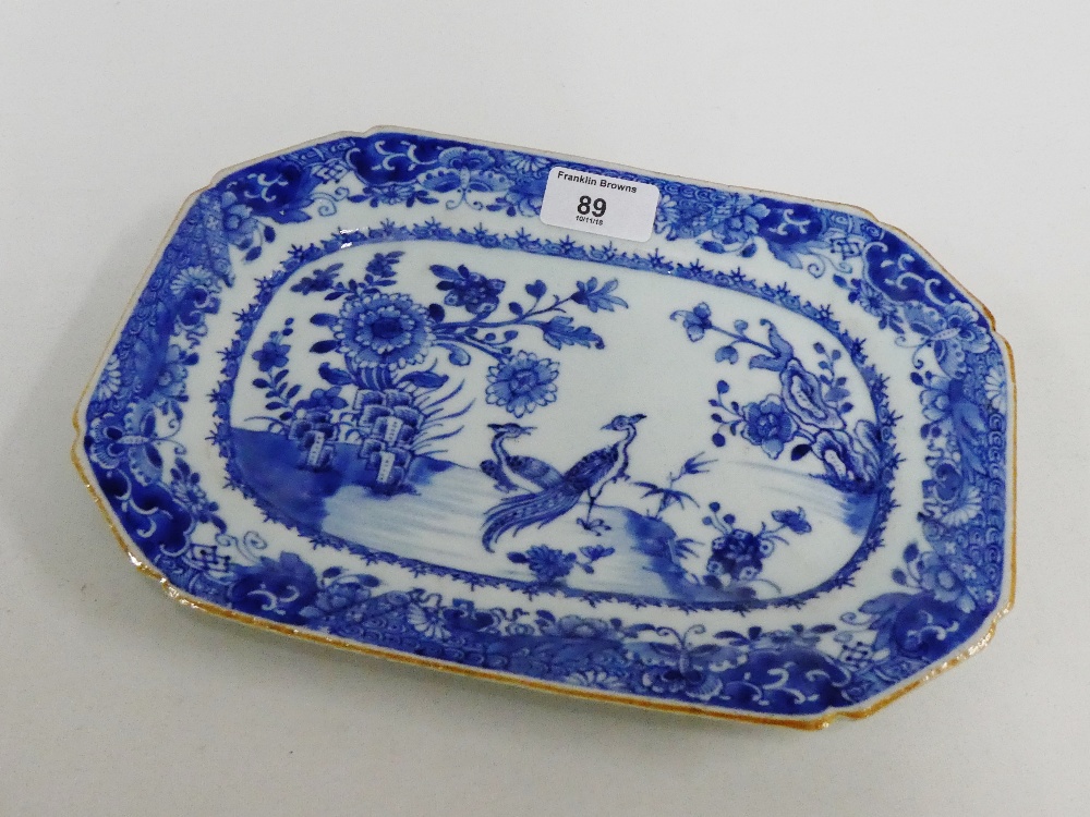 18th century Chinese blue and white octagonal serving dish painted with birds, flowers and