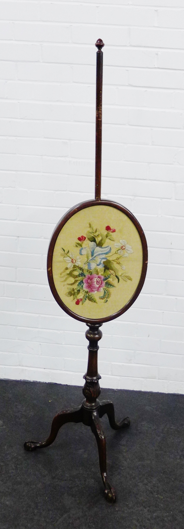 Mahogany pole screen with oval embroidered silk panel, 160cm