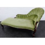 Mahogany framed chaise longue with fan shaped button back, upholstered in pale green velvet, 92 x