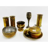 Trench art brass shell case vase, together with miscellaneous brass vases and bowls to include a