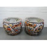 Pair of Chinese fish bowl and stands, painted with fish, flowers and foliage etc., 45 x 30cm,