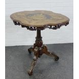 Swiss walnut, marquetry and penwork tripod table, late 19th century, the shaped oval tilt top