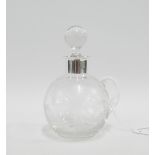 German silver collared and etched glass scent bottle and stopper, stamped 835 13cm high
