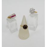 9 carat gold garnet set dress ring together with a two 9 carat gold paste set dress rings (3)