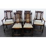 Set of six Carolean style oak and cane back chairs, with carved top rails and barley twist supports,