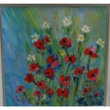 Winnie Flynn "Poppies and Daisies" Acrylic on canvas, signed and framed, 30 x 30cm