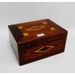Mahogany and inlaid sewing box, the hinged lid opening to reveal a lift out compartmentalised