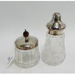 Victorian silver topped and glass sugar castor, London 1895 15cm high, together with a silver topped