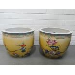 Pair of Famille Rose jardiniere planters, painted with birds and flowers, (2)