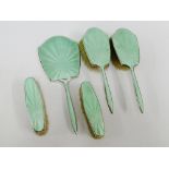 Birmingham silver and guilloche enamel dressing table brush set comprising mirror, two clothes