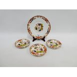 A Staffordshire cake plate and set of six side plates, Chinoiserie patterned, (7)