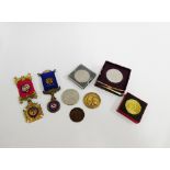 A mixed lot to include two silver and enamel Masonic medallions, two 1951 Festival of Britain