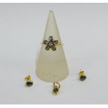 A set of 9 carat gold and chrysoberyl set jewellery to include a dress ring, pendant and pair of
