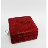 Cinnabar square box and cover with figures, pagoda, flowers and foliage pattern, 13 x 13cm