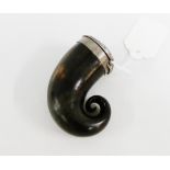 Scottish curly horn snuff mull, the hinged top with inset white metal disc and collar, 7cm long