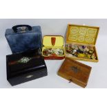 Carton containing an abalone inlaid shell box and a quantity of costume jewellery etc, together with